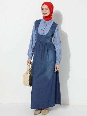 SUEM Mavi Koyu Kolu Yakası Garnili Kot Elbise
