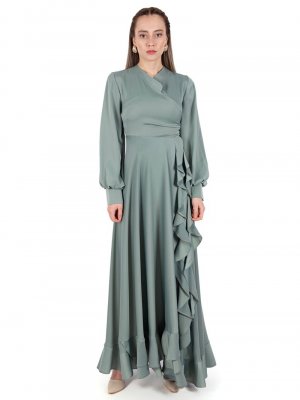 Loreen By Puane Mint Yeşili Anvelop Detaylı Saten Abiye Elbise