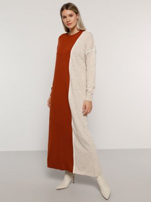 Alia Ekru Terracotta Taş Biye Detaylı Triko Elbise