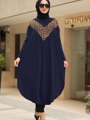 Neva Style Lacivert Leopar Desen Detaylı Tunik