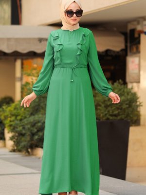 Neva Style Mint Fırfır Detaylı Elbise