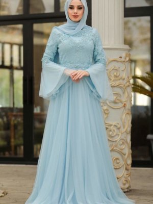 Neva Style Mavi Volan Kol Dantelli Abiye Elbise