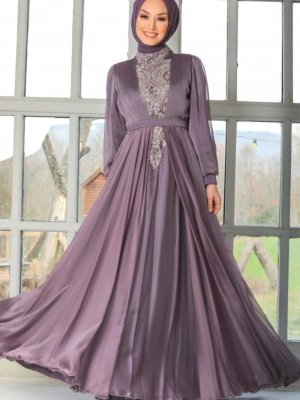 Neva Style Lila Pul Payet Detaylı Abiye Elbise