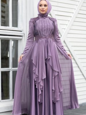 Neva Style Lila Fırfır Detaylı Abiye Elbise