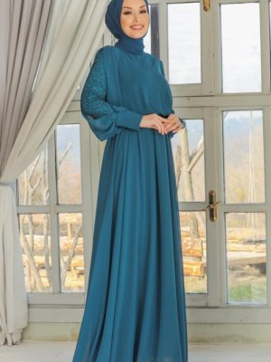 Neva Style İndigo Mavisi Kolları Dantelli Abiye Elbise
