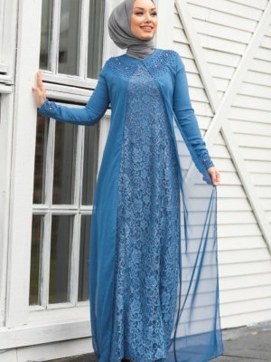 Neva Style İndigo Mavisi Dantelli Abiye Elbise