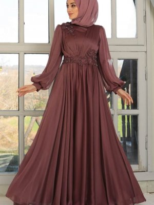 Neva Style Kahverengi Dantelli Abiye Elbise