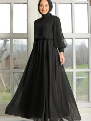 Neva Style Siyah Kolları Dantelli Abiye Elbise