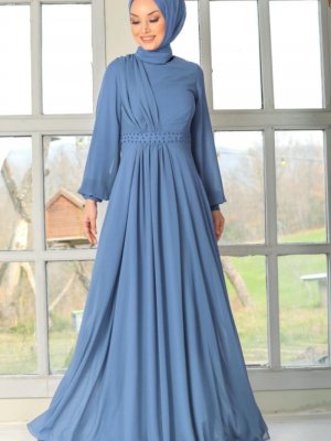 Neva Style İndigo Mavisi İnci Detaylı Abiye Elbise