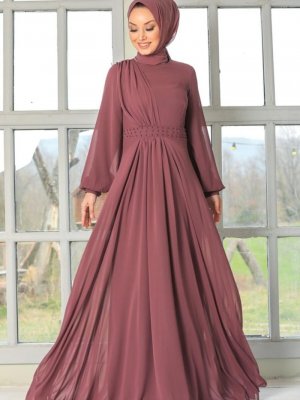 Neva Style Kahverengi İnci Detaylı Abiye Elbise