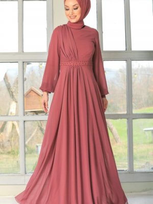 Neva Style Kiremit İnci Detaylı Abiye Elbise