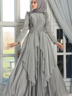 Neva Style Gri Fırfır Detaylı Abiye Elbise