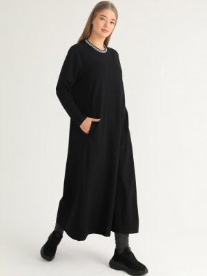 FLOWİST PLUS SİZE Siyah Doğal Kumaşlı Cepli Elbise