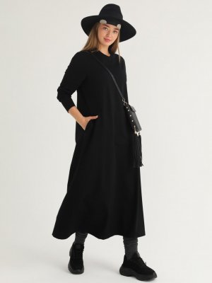 FLOWİST PLUS SİZE Siyah Doğal Kumaşlı Cep Detaylı Elbise