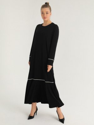 FLOWİST PLUS SİZE Siyah Sandy Biye Detaylı Elbise