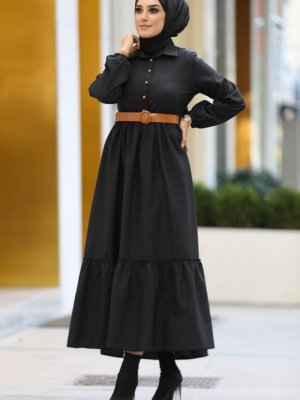 Neva Style Siyah Yarım Düğmeli Elbise