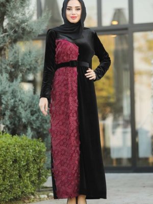 Neva Style Çiçek Detaylı Bordo Kadife Elbise