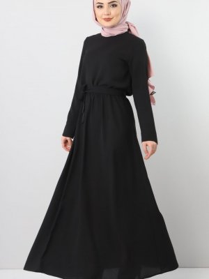 Tesettür Dünyası Siyah Beli Lastikli Ayrobin Elbise