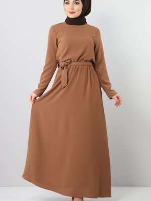 Tesettür Dünyası Kahverengi Beli Lastikli Ayrobin Elbise