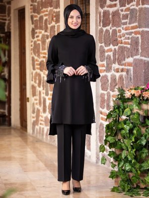 Fashion Showcase Design Siyah Volan Kol Payet Detay Tunik&Pantolon İkili Abiye Takım