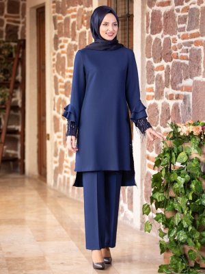 Fashion Showcase Design İndigo Volan Kol Payet Detay Tunik&Pantolon İkili Abiye Takım