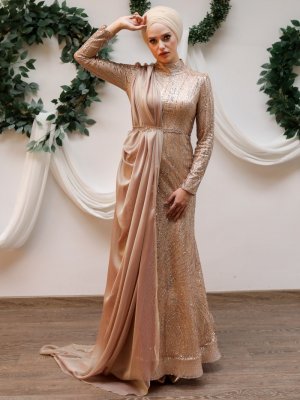 My Dreams Collection Gold Pırıl Balık Abiye Elbise