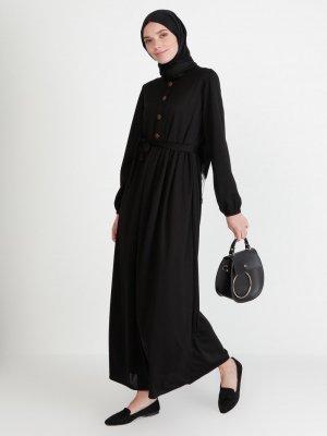 ECESUN Siyah Düğme Detaylı Elbise