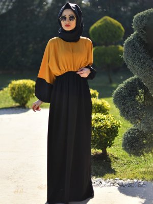 Melek Aydın Siyah Sarı Garnili Detaylı Elbise