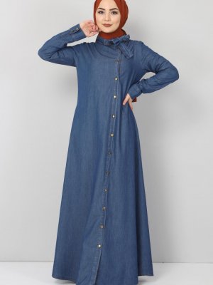 Tesettür Dünyası Koyu Mavi Yaka Detaylı Kot Elbise