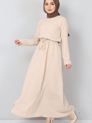 Tesettür Dünyası Bej Beli Lastikli Ayrobin Elbise