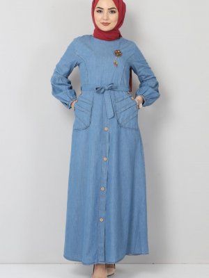 Tesettür Dünyası Açık Mavi Süs Düğmeli Kot Elbise