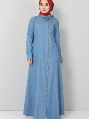 Tesettür Dünyası Açık Mavi Yaka Detaylı Kot Elbise