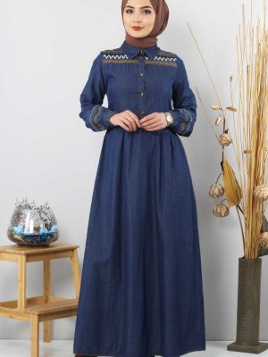 Tesettür Dünyası Koyu Mavi Pul Payetli Kot Elbise
