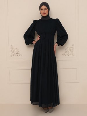 Ziwoman Lacivert Tül Detaylı Abiye Elbise