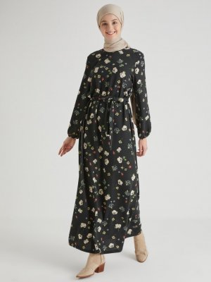 Almera Siyah Çiçek Desenli Elbise
