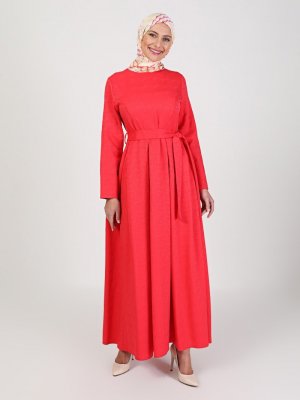 Ziwoman Kırmızı Kuşak Detaylı Elbise
