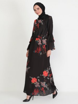 Ziwoman Siyah Çiçek Desenli Elbise