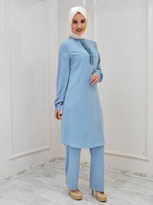 Nurkombin Mavi Fırfırlı Tunik&Pantolon İkili Takım