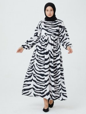 Ceylan Otantik Siyah Zebra Desenli Bel Ve Omuz Robalı Elbise