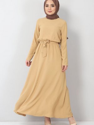 Tesettür Dünyası Camel Beli Lastikli Ayrobin Elbise