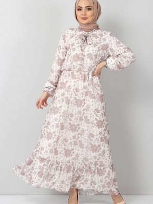 Tesettür Dünyası Vizon Çiçekli Şifon Elbise