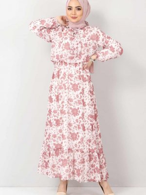 Tesettür Dünyası Gül Kurusu Çiçekli Şifon Elbise