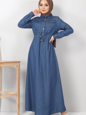 Tesettür Dünyası Koyu Mavi Beli Bağcıklı Kot Elbise