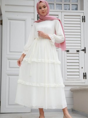 GİZCE Beyaz Monica Şifon Elbise