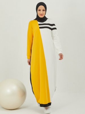 AİŞE MODA Sarı Beyaz Garnili Spor Elbise
