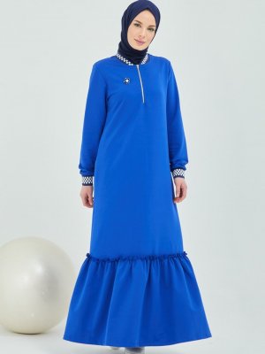 AİŞE MODA Mavi İki İplikli Dama Ribanalı Elbise