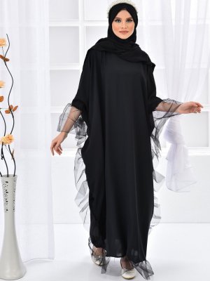 Filizzade Siyah Tül Detaylı Ferace Elbise
