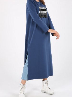 Allday Mavi Baskılı Yırtmaçlı Elbise Tunik