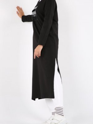 Allday Siyah Baskılı Yırtmaçlı Elbise Tunik
