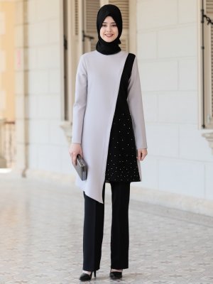 Azra Design Gri Karaca Tunik&Pantolon Abiye İkili Takım